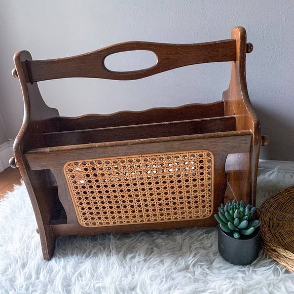 Vintage Wood and Wicker Cane Magazine Rack